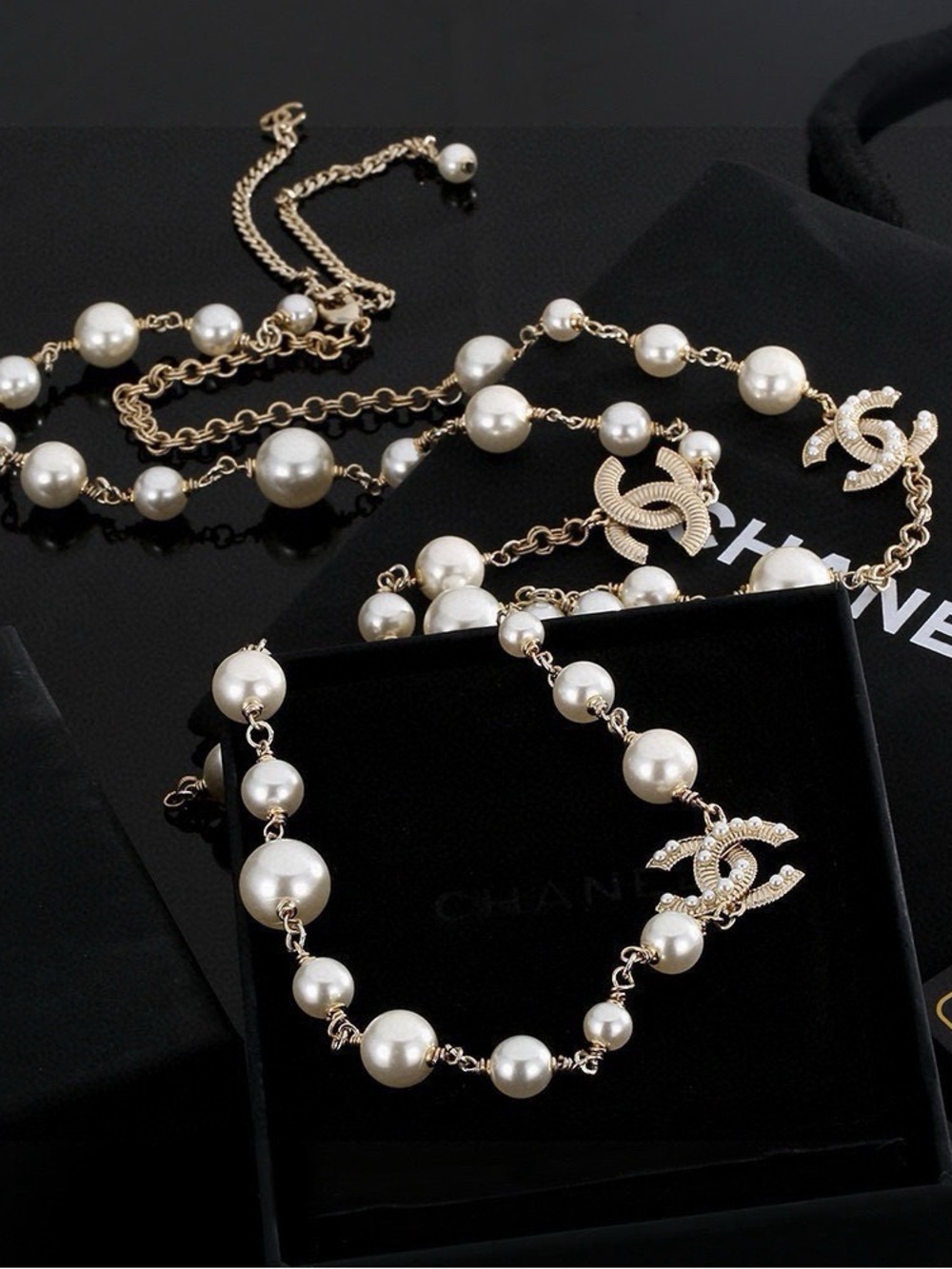 Gold-Tone Pearl Necklace with Interlocking Logo Accents